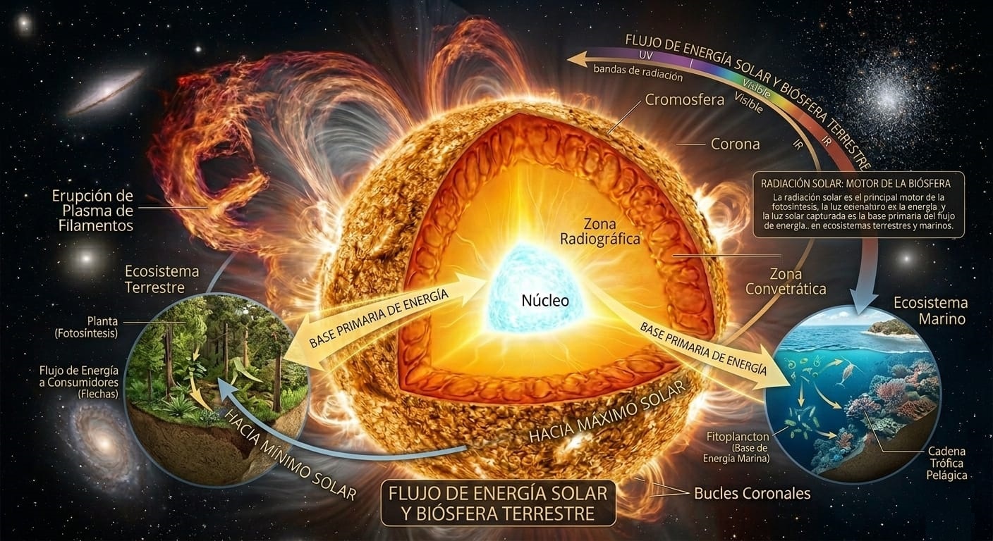 Flujo de energía solar y biósfera terrestre. Fuente: Elaboración digital.