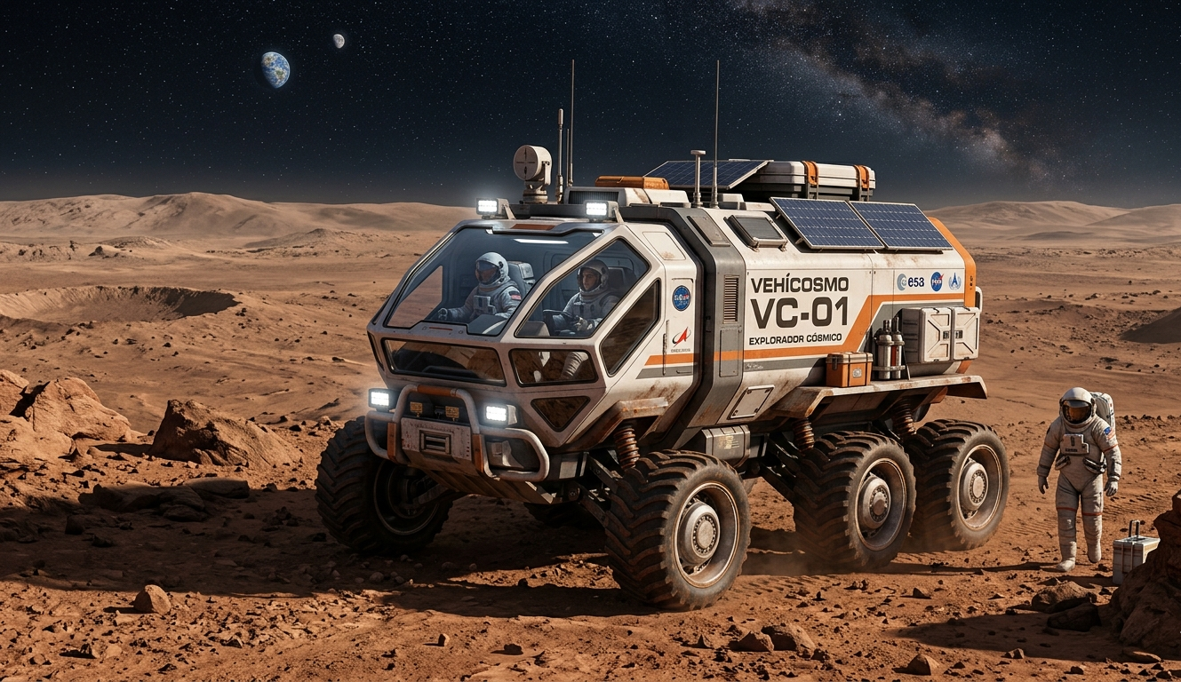 Vehícosmo transportando astronautas en Marte. Fuente: Elaboración digital.