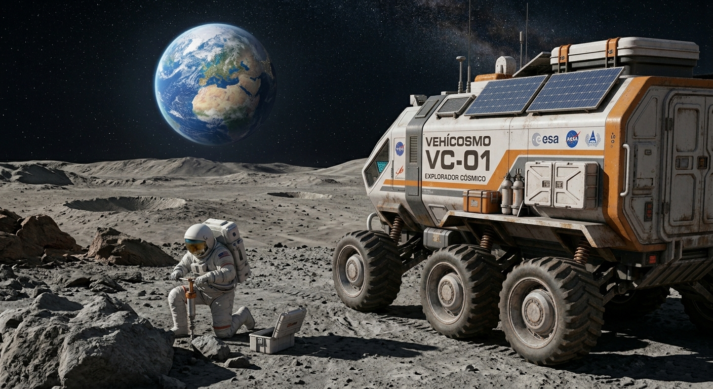 Vehícosmo lunar recolectando muestras. Fuente: Elaboración digital.