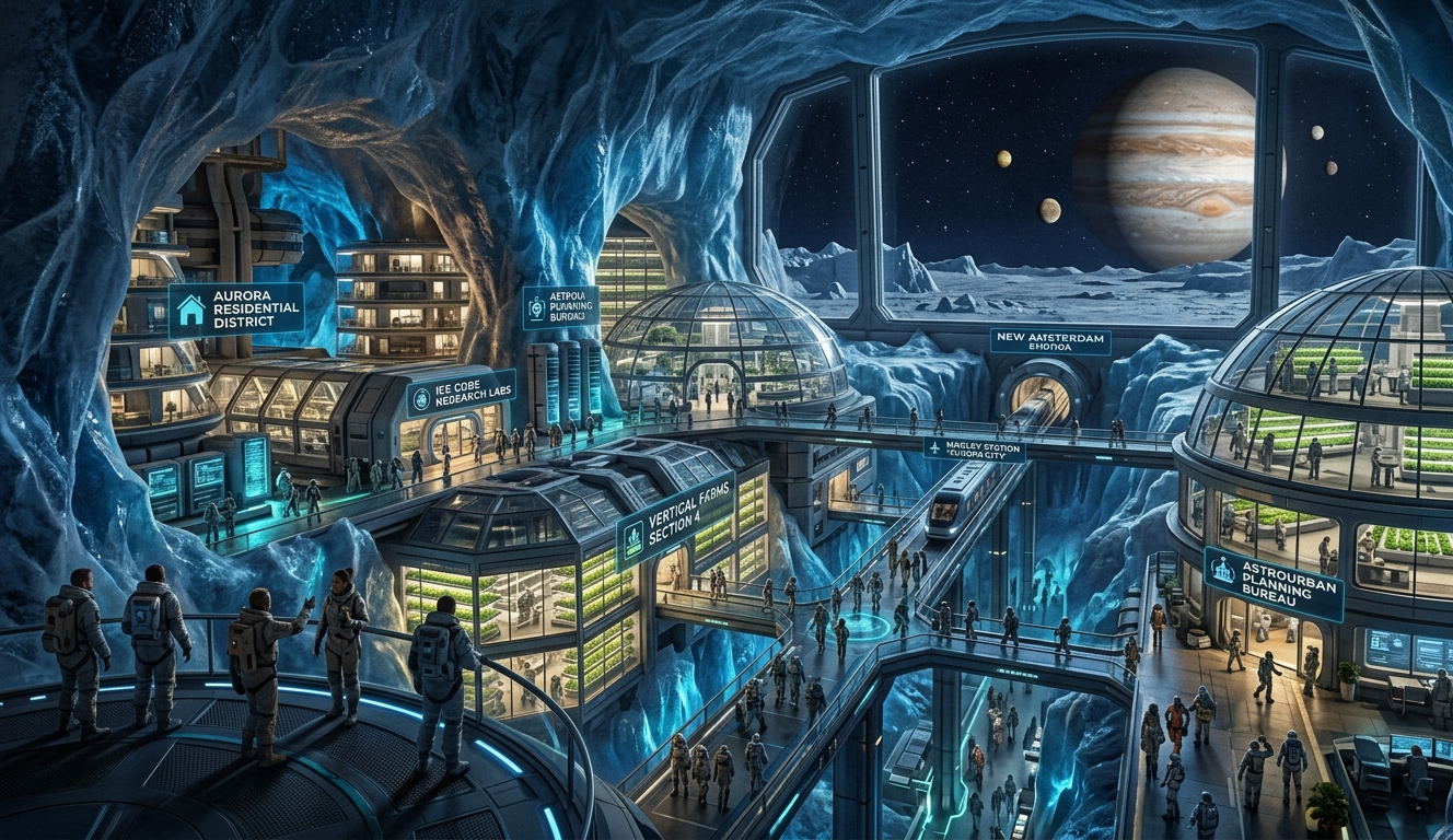 Astrourbanismo en una Luna de Júpiter. Fuente: Elaboración digital.