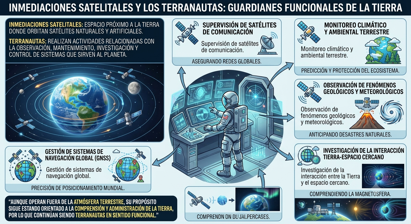 El terranauta en inmediaciones satelitales. Fuente: Elaboración digital.